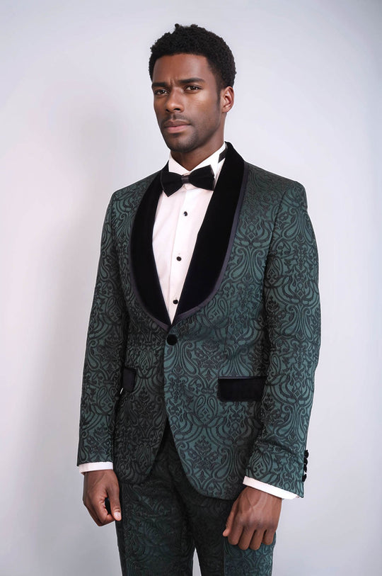 Emerald Green Velvet Damask Shawl Collar Tuxedo | Wessi Wessi - Discover Diversity Emerald Green Velvet Damask Shawl Collar Tuxedo | Wessi Wessi - Discover Diversity
