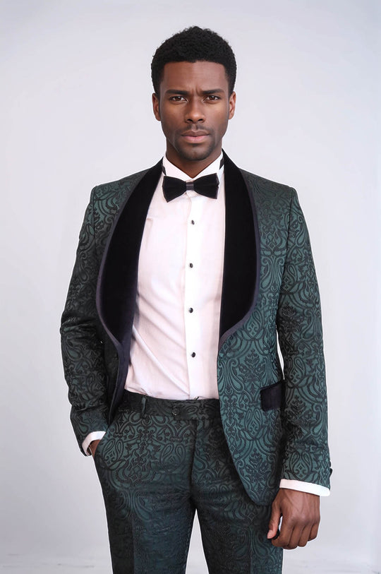 Emerald Green Velvet Damask Shawl Collar Tuxedo | Wessi Wessi - Discover Diversity Emerald Green Velvet Damask Shawl Collar Tuxedo | Wessi Wessi - Discover Diversity