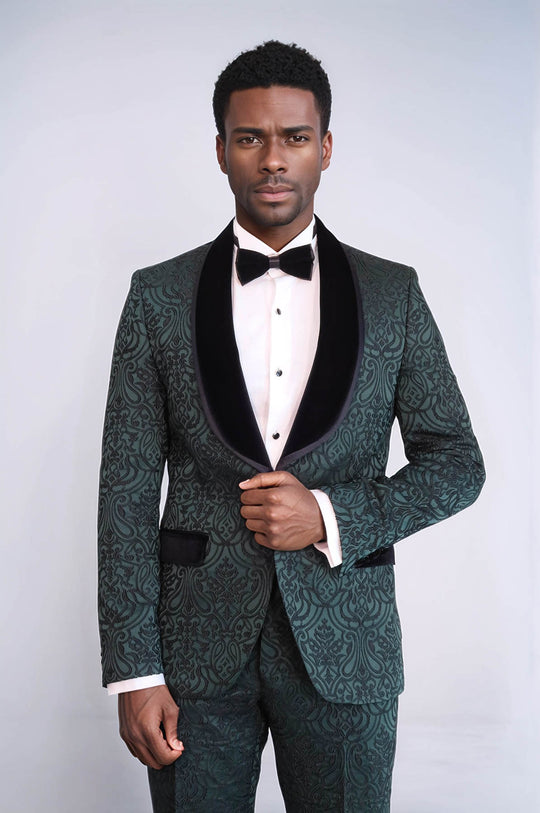 Emerald Green Velvet Damask Shawl Collar Tuxedo | Wessi Wessi - Discover Diversity Emerald Green Velvet Damask Shawl Collar Tuxedo | Wessi Wessi - Discover Diversity