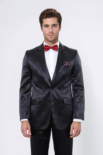 Two Piece Two Buttons Modeled Lapel Satin Black Men Groom Suit