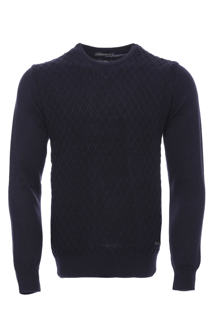 Diamond Pattern Circle Neck Navy Sweater - Wessi