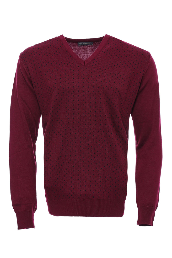 Dot Patterned V Neck Burgundy Sweater - Wessi