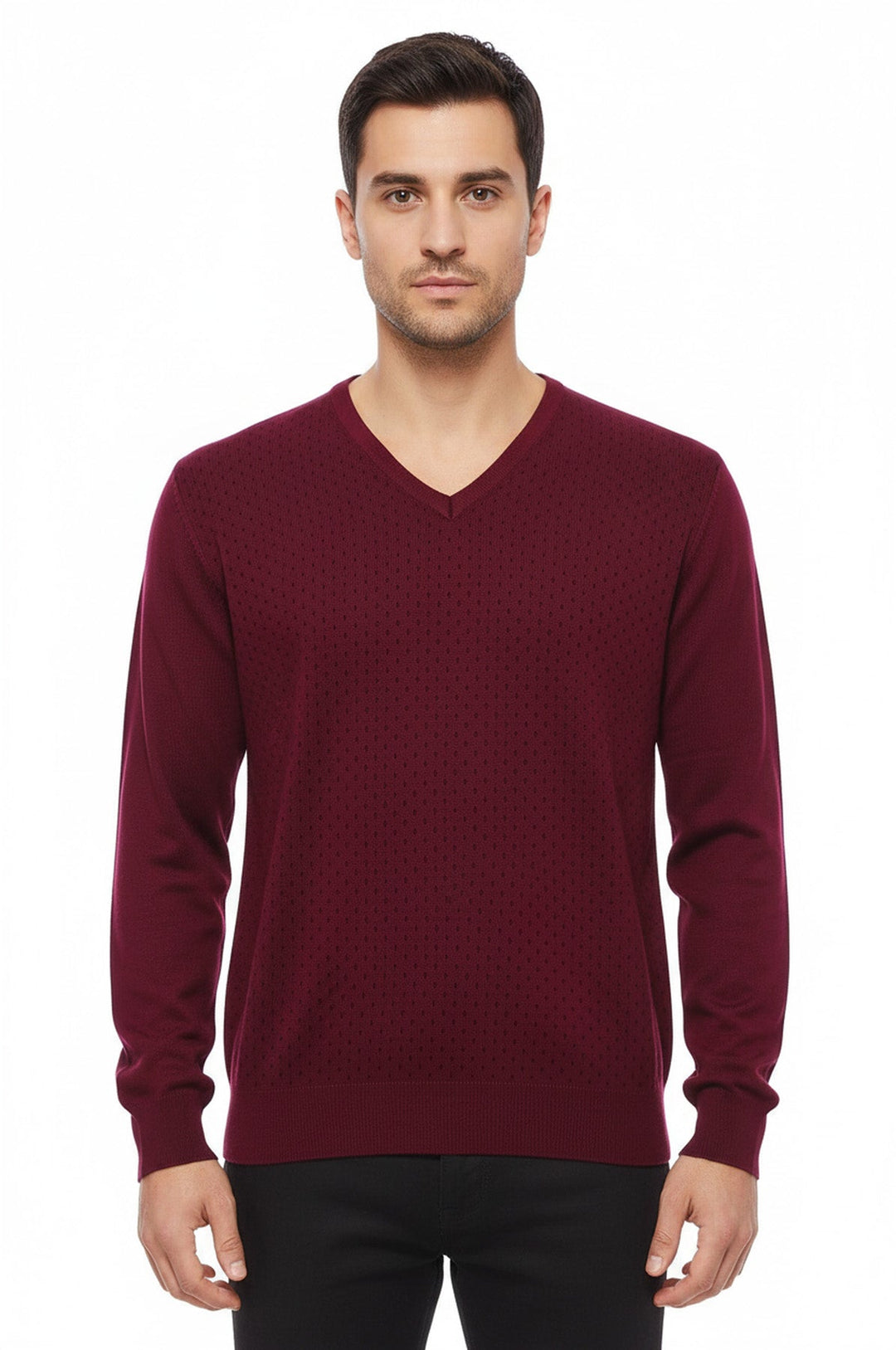 Dot Patterned V Neck Burgundy Sweater - Wessi