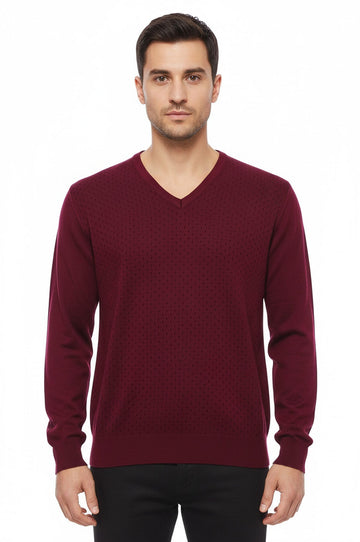 Dot Patterned V Neck Burgundy Sweater - Wessi