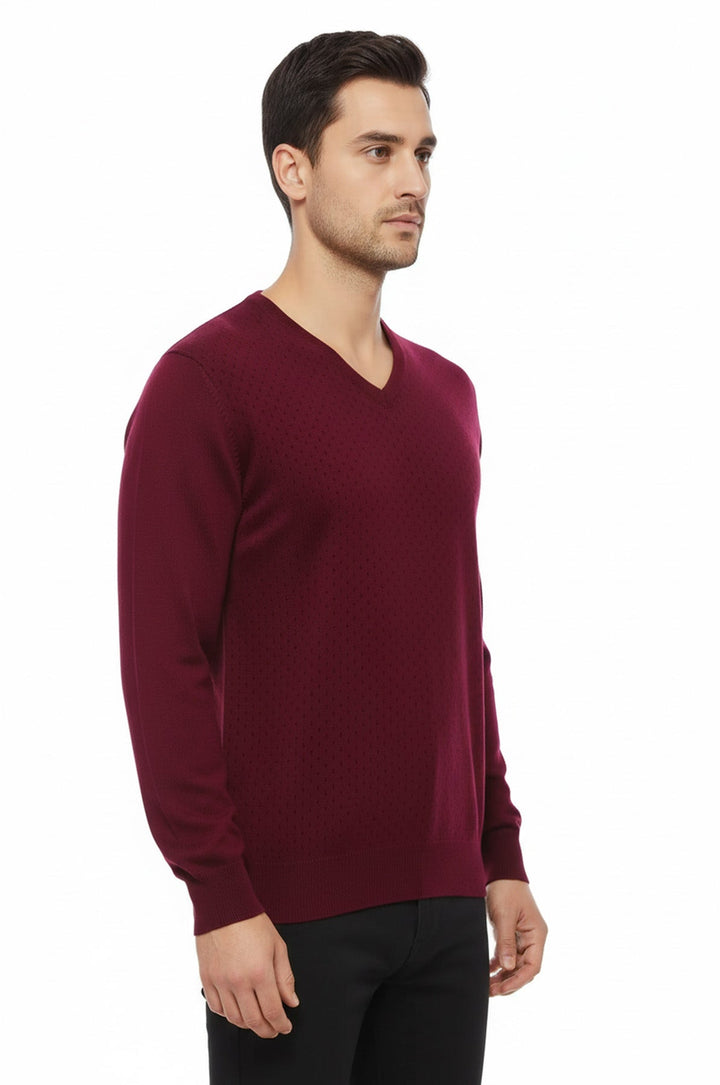 Dot Patterned V Neck Burgundy Sweater - Wessi