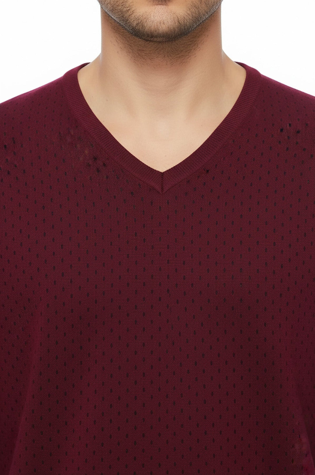 Dot Patterned V Neck Burgundy Sweater - Wessi