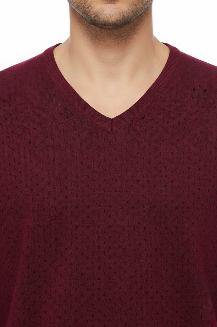 Dot Patterned V Neck Burgundy Sweater - Wessi