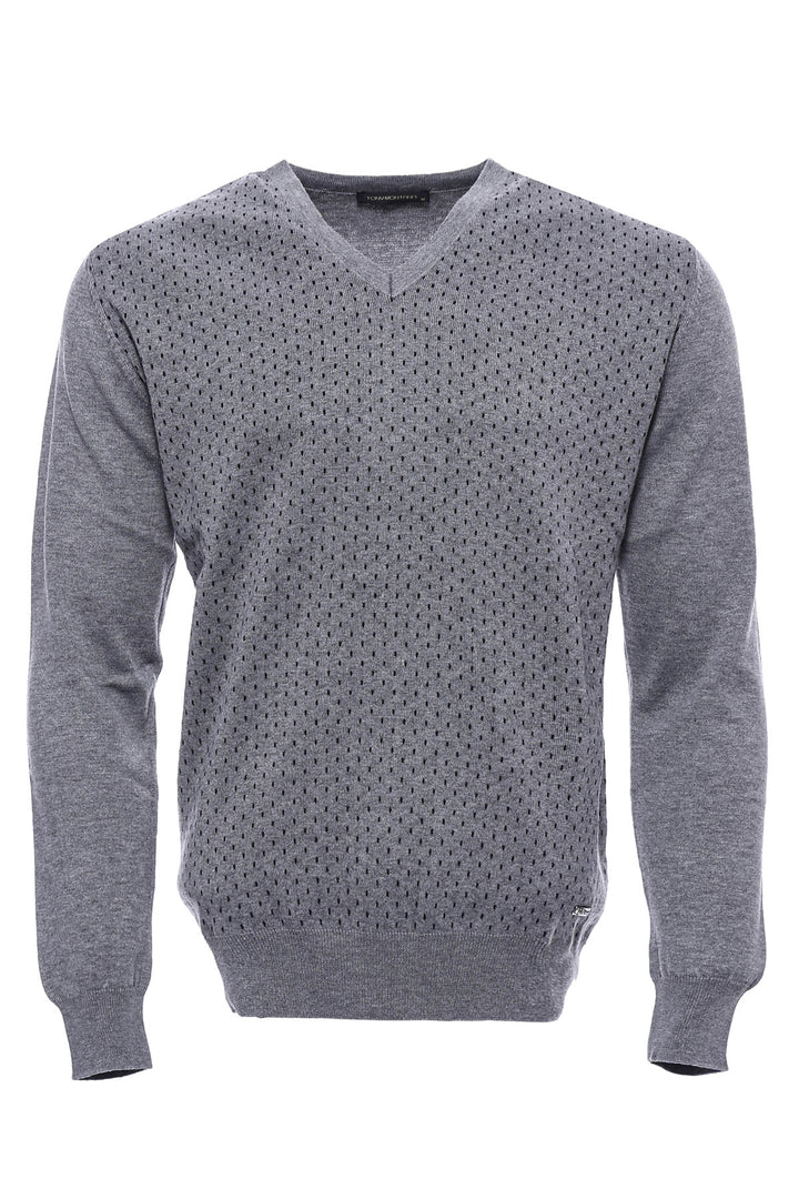 Dot Patterned V Neck Grey Sweater - Wessi