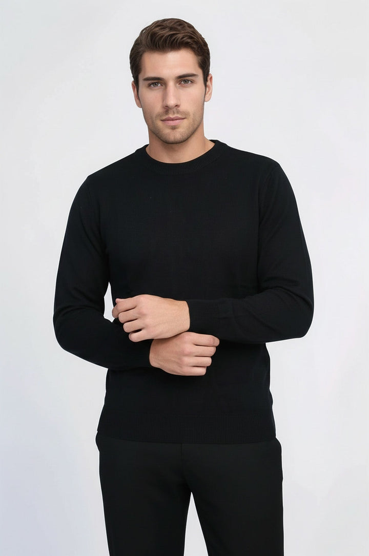 Circle Neck Long Sleeves Slim Fit Black Men Knitwear