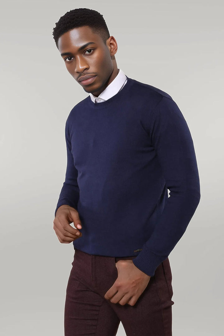 Circle Collar Navy Blue Sweater - Wessi