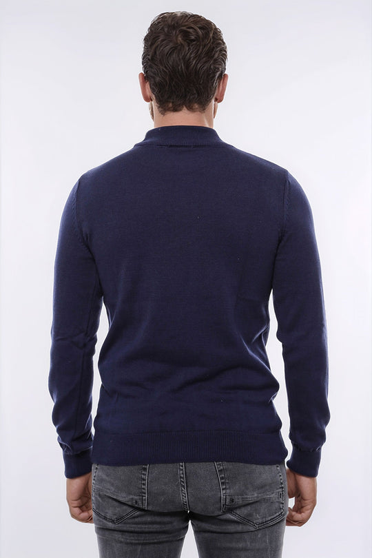 Half Turtleneck Knitwear Navy Blue Men Sweater - Wessi