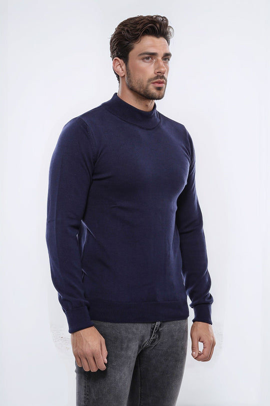 Half Turtleneck Knitwear Navy Blue Men Sweater - Wessi