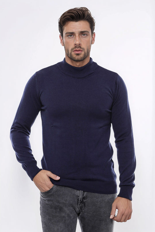 Half Turtleneck Knitwear Navy Blue Men Sweater - Wessi