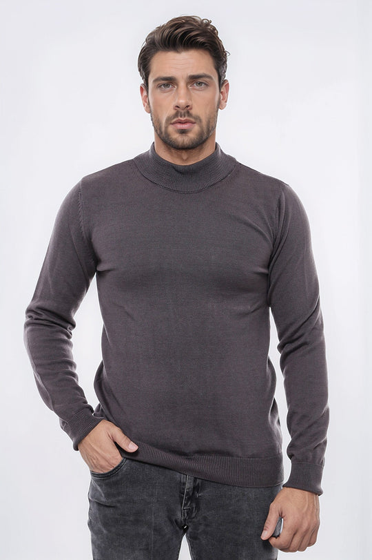 Pull En Maille Gris Foncé Demi Col Roulé - Wessi