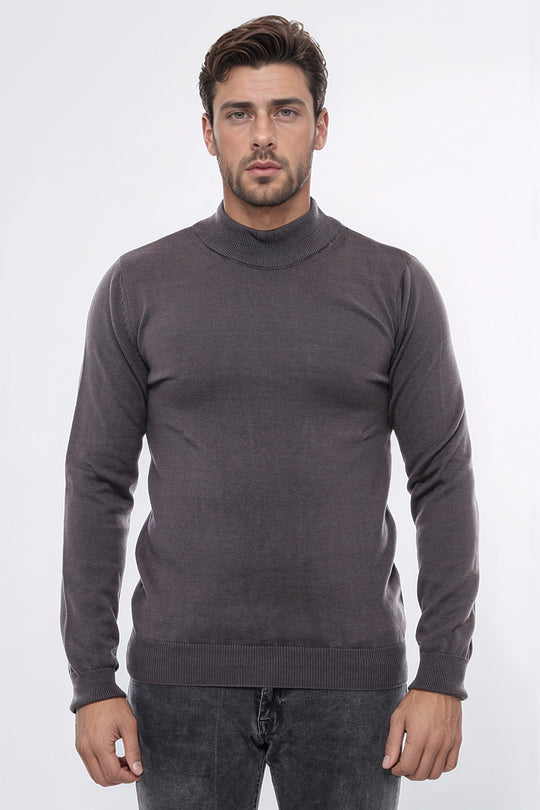 Pull En Maille Gris Foncé Demi Col Roulé - Wessi