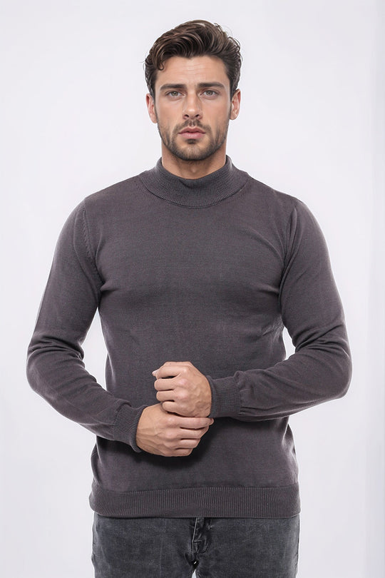 Pull En Maille Gris Foncé Demi Col Roulé - Wessi