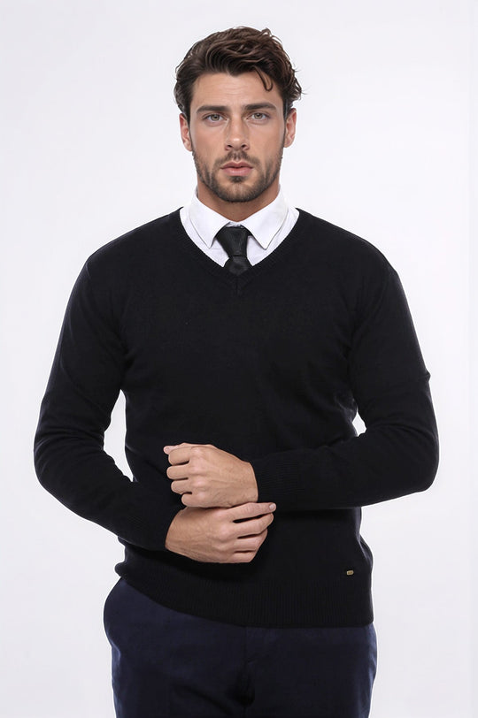 Maglione da uomo nero con scollo a V - Wessi