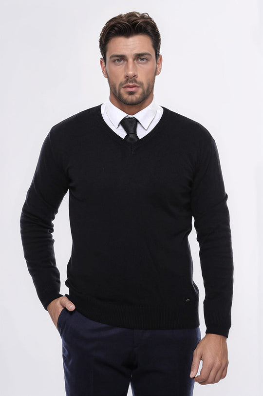 Maglione da uomo nero con scollo a V - Wessi