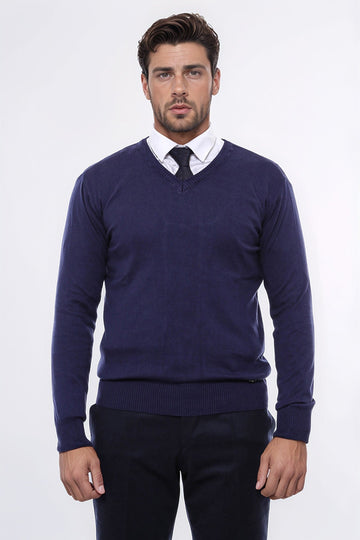 V Neck Navy Blue Men Sweater - Wessi