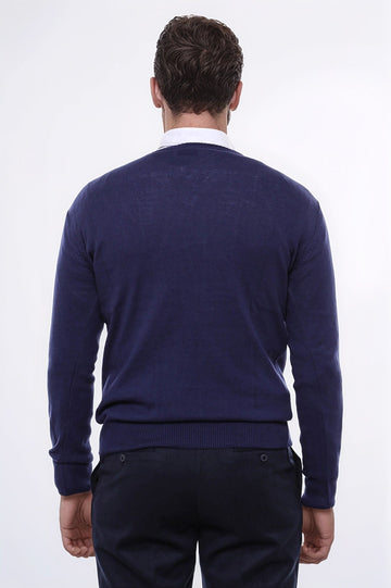 V Neck Navy Blue Men Sweater - Wessi