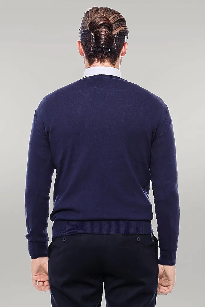 V Neck Navy Blue Men Sweater - Wessi