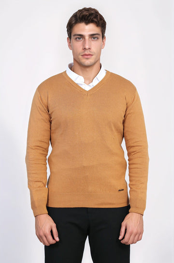 V Neck Brown Sweater - Wessi