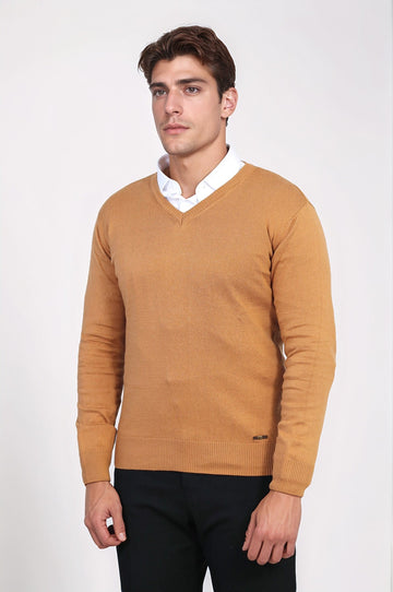 V Neck Brown Sweater - Wessi