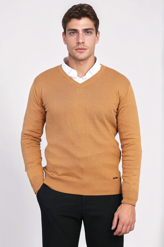 V Neck Brown Sweater - Wessi