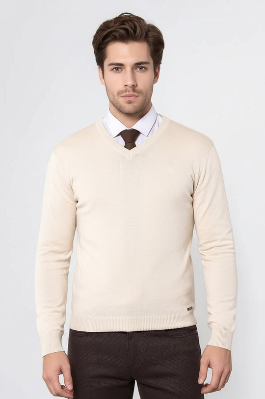 V Neck Cream Sweater - Wessi