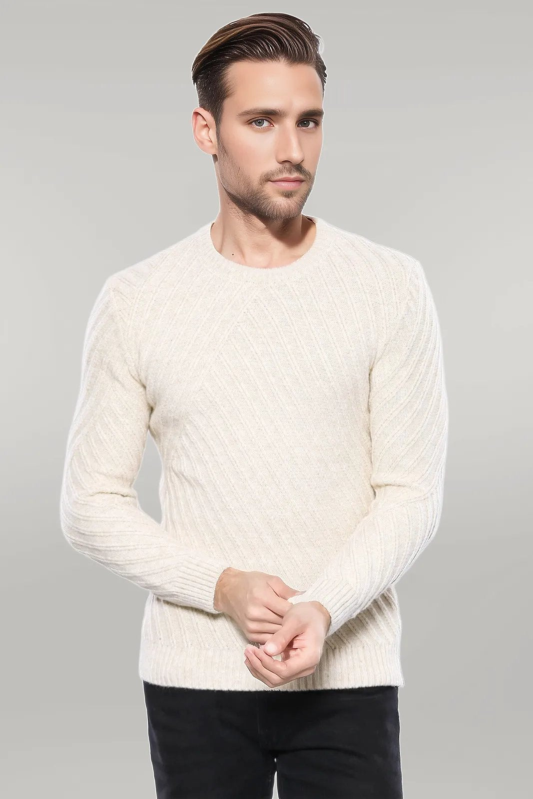 Patterned Circle Neck Cream Sweater | Wessi