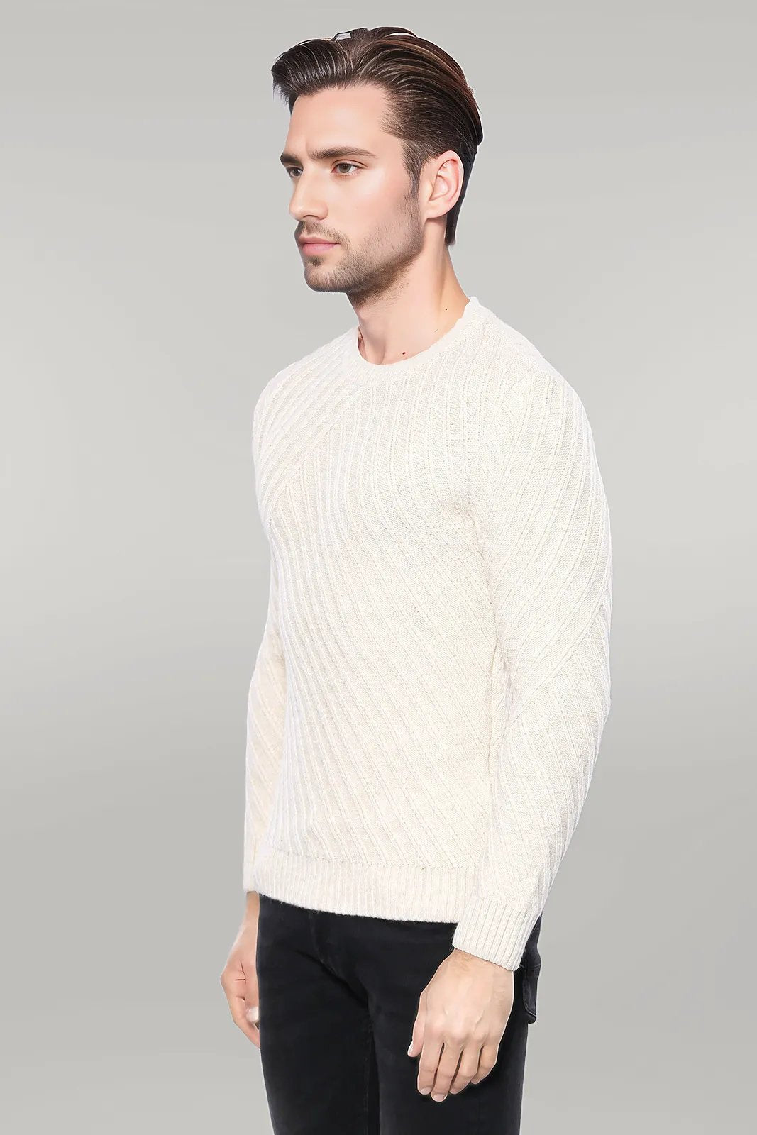 Patterned Circle Neck Cream Sweater | Wessi