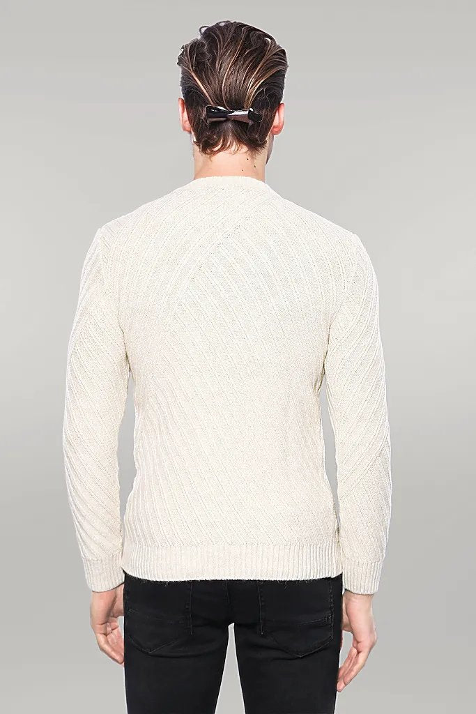 Patterned Circle Neck Cream Sweater | Wessi