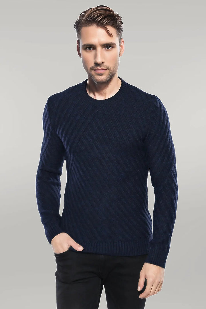 Patterned Circle Neck Navy Sweater | Wessi