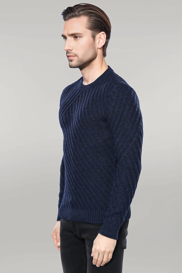 Patterned Circle Neck Navy Sweater | Wessi