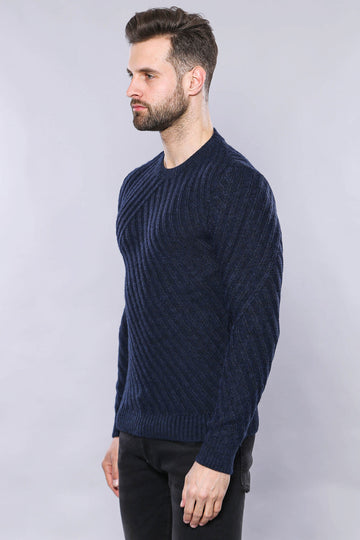 Maglione blu navy con scollo a cerchio fantasia | Wess