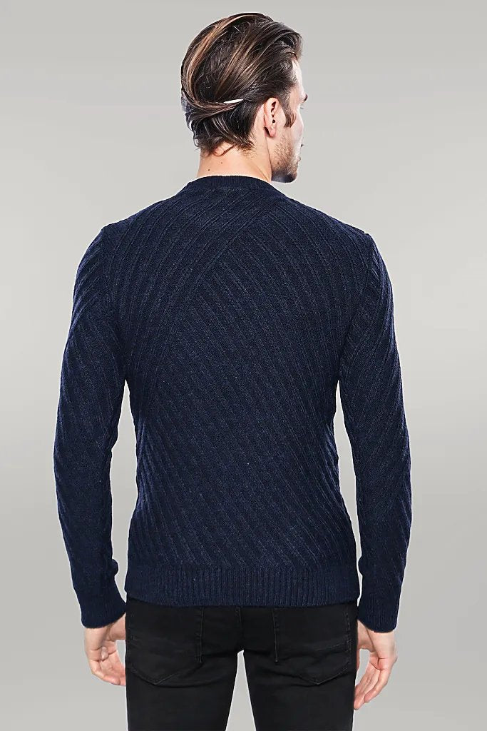 Patterned Circle Neck Navy Sweater | Wessi