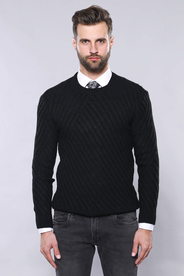Patterned Circle Neck Black Sweater - Wessi