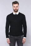 Patterned Circle Neck Black Sweater - Wessi