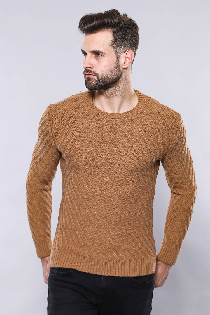 Patterned Circle Neck Tawny Sweater | Wessi