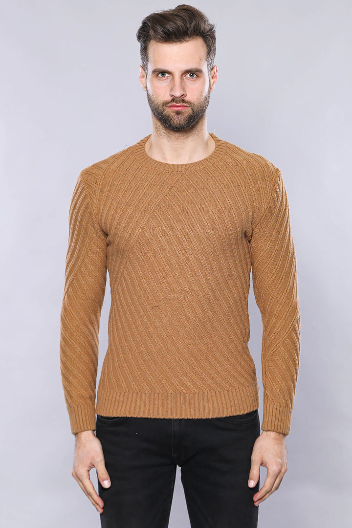 Patterned Circle Neck Tawny Sweater | Wessi