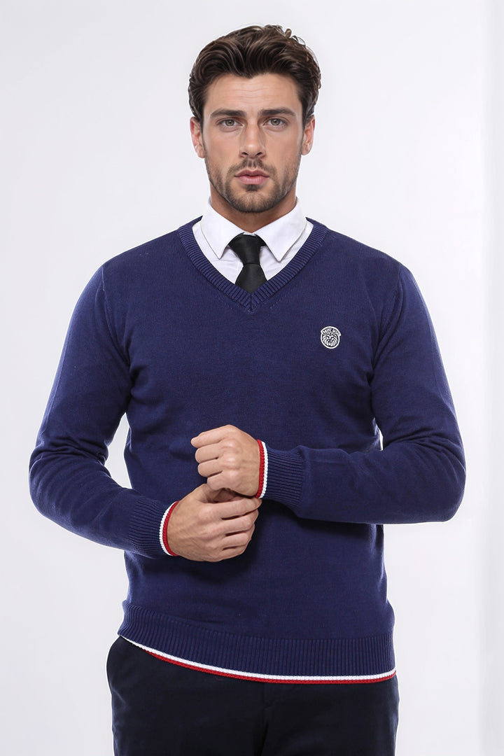 Navy Blue V Neck Slim Fit Men Sweater - Wessi