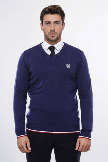 Navy Blue V Neck Slim Fit Men Sweater - Wessi