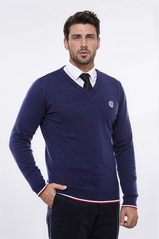 Navy Blue V Neck Slim Fit Men Sweater - Wessi