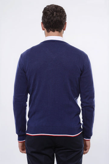 Navy Blue V Neck Slim Fit Men Sweater - Wessi