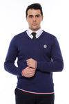 Navy Blue V Neck Slim Fit Men Sweater - Wessi