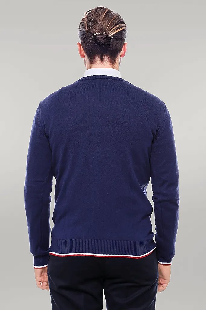 Navy Blue V Neck Slim Fit Men Sweater - Wessi