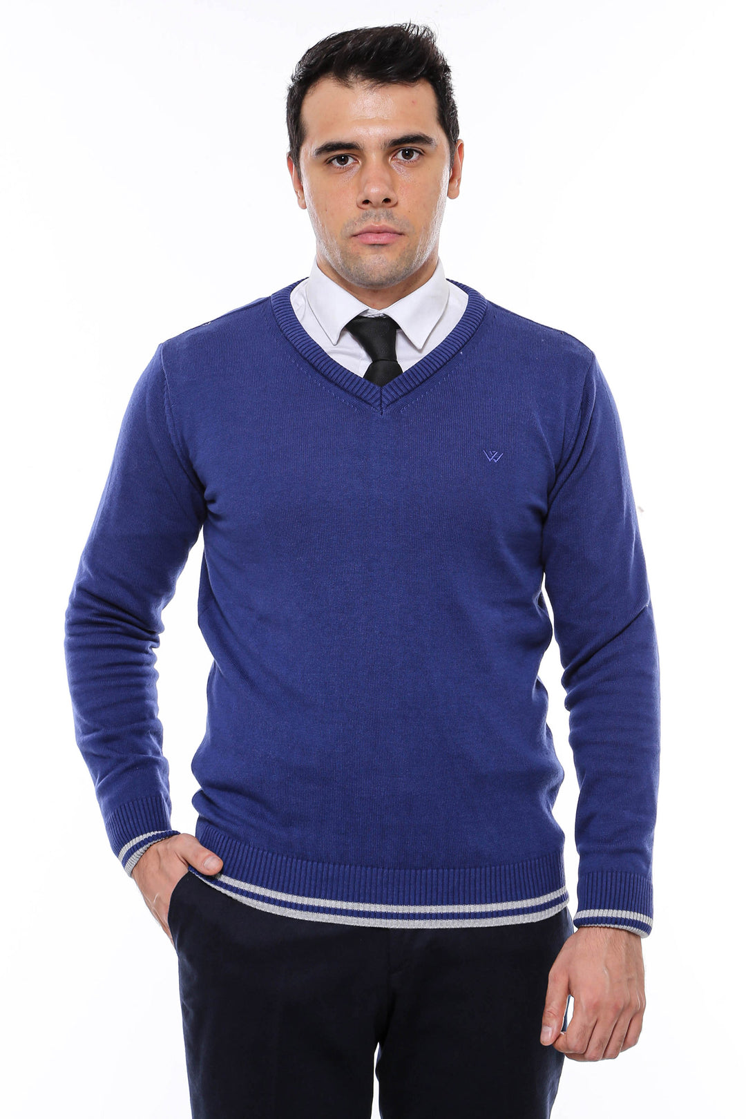 Dark Blue V Neck Slim Fit Sweater - Wessi