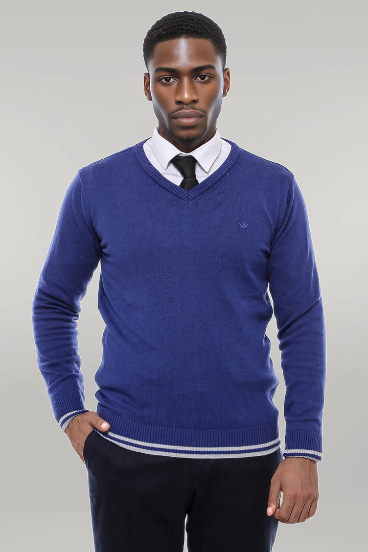 Dark Blue V Neck Slim Fit Sweater - Wessi