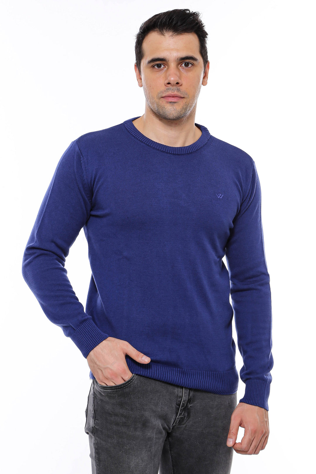 Navy Blue Crew Neck Embroidered Plain Knitwear - Wessi