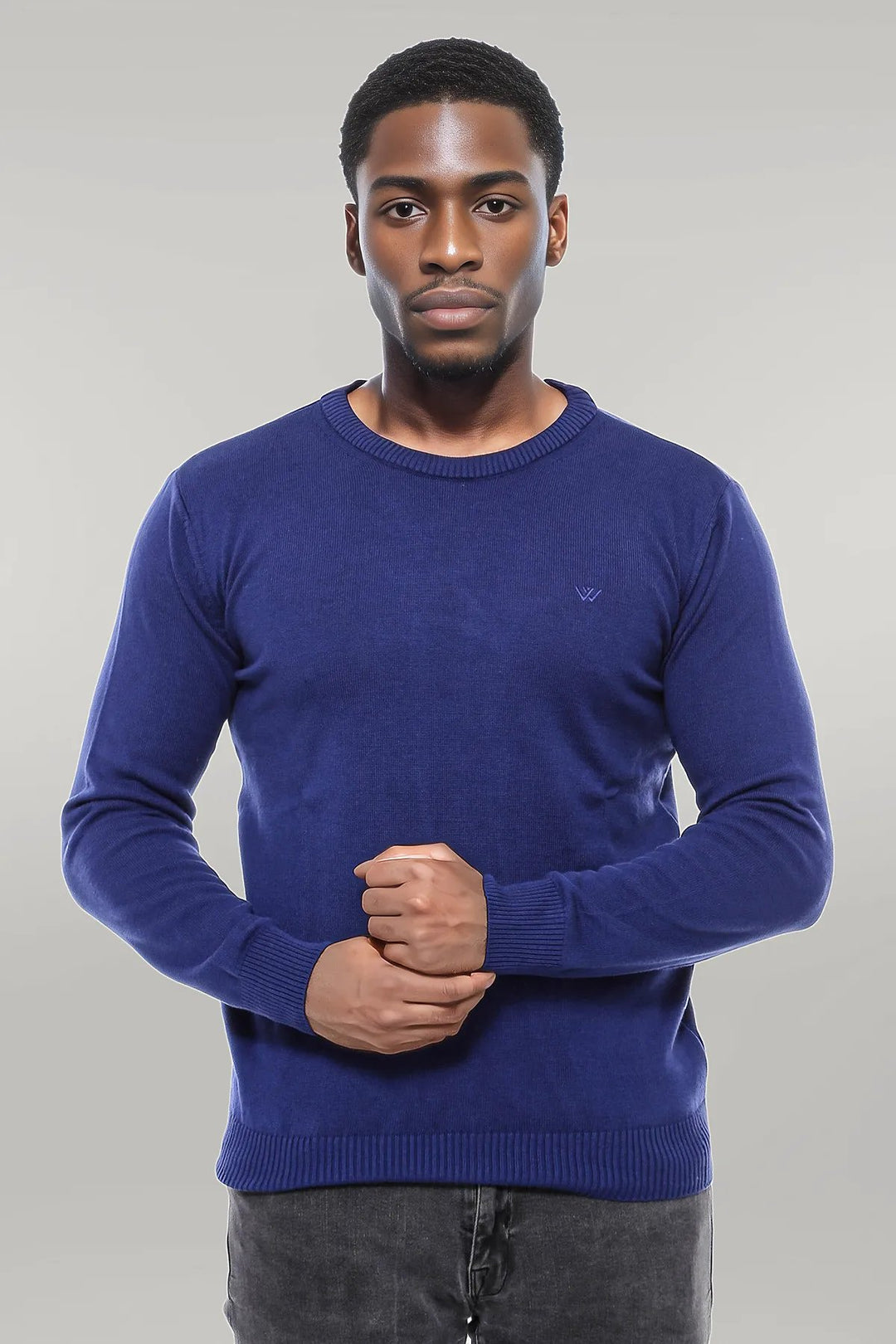 Navy Blue Crew Neck Embroidered Plain Knitwear - Wessi